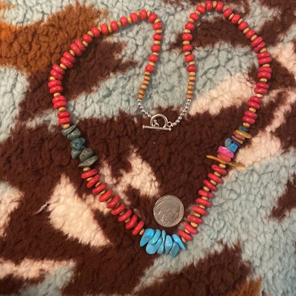 Ethnic Turquoise and red color howlite bead necklace